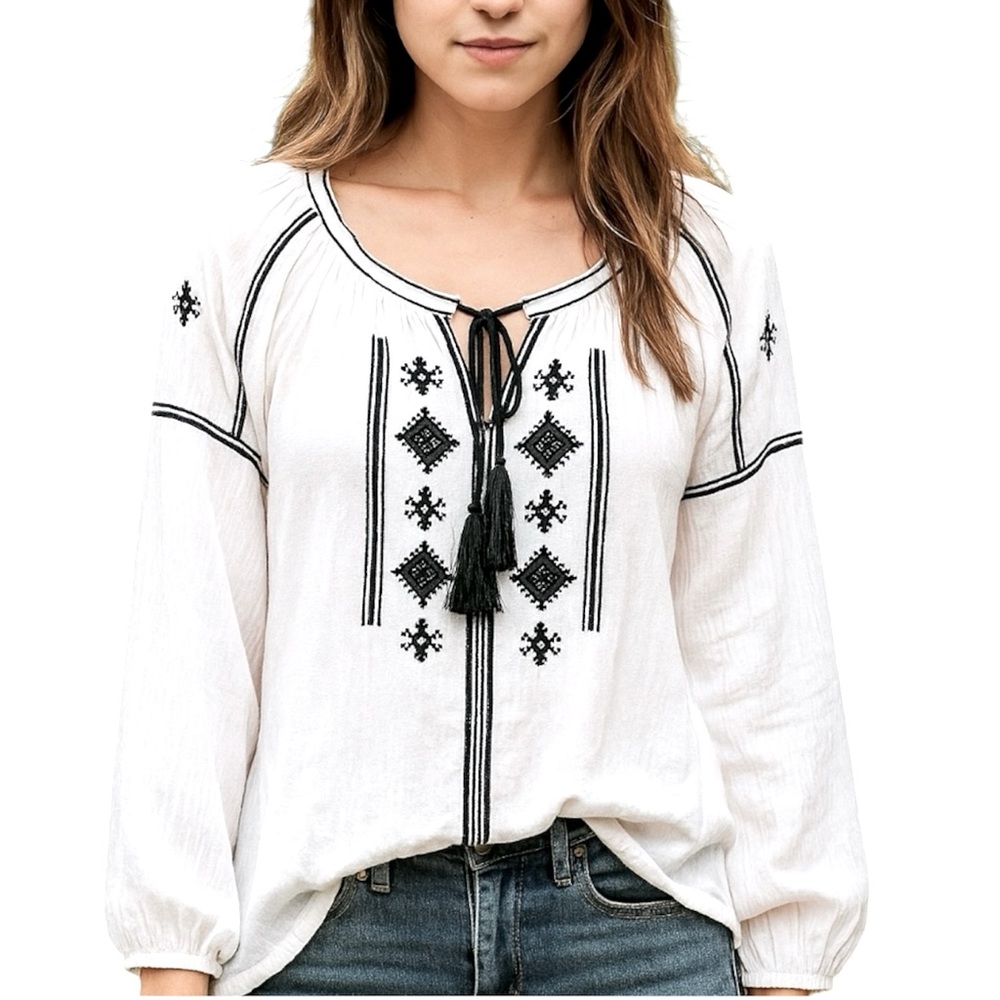 Loft Gauze Lightweight Embroidered Bohemian Blouse White and Blue Size M
